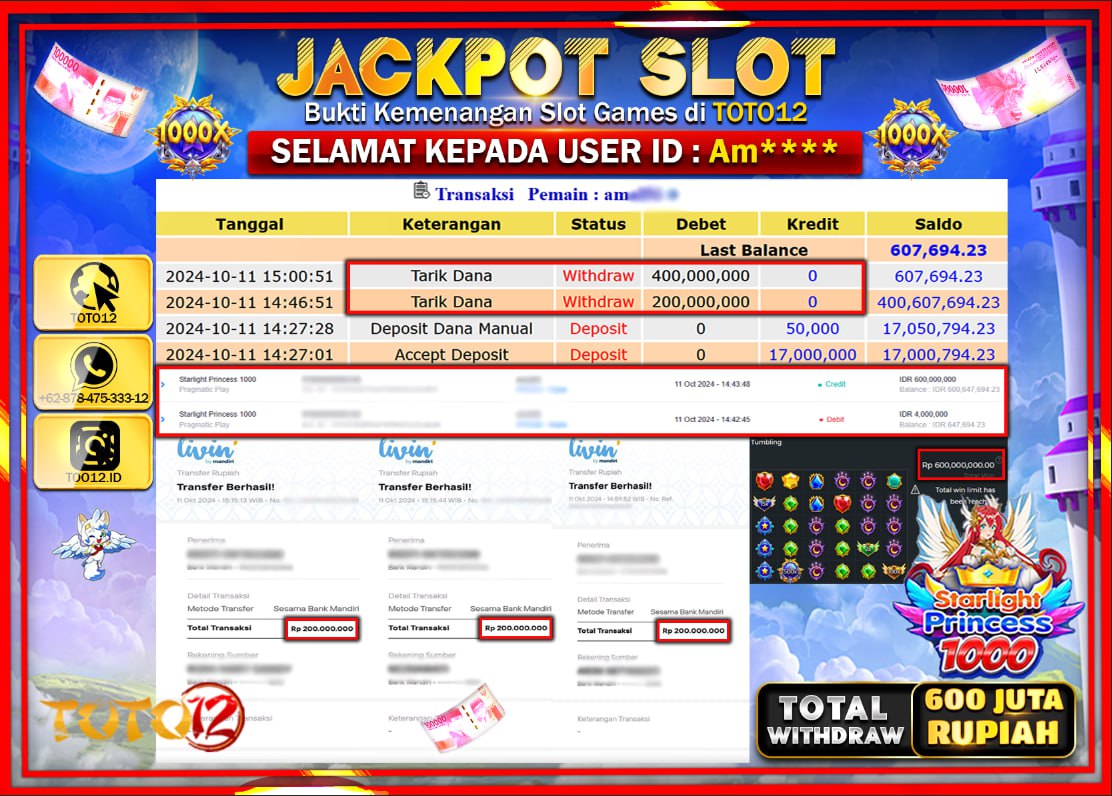 HANYA DI TOTO12 JP PASTI DI BAYAR LUNAS DAN CEPAT!!!!!! JACKPOT SLOT GAME ( STARLIGHT PRINCESS 1000 ) Rp.600.000.000 !!!!