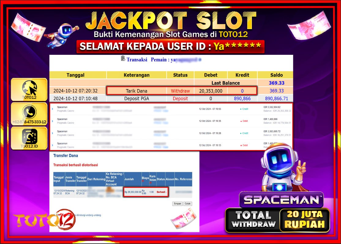 HANYA DI TOTO12 JP PASTI DI BAYAR LUNAS DAN CEPAT!!!!!! JACKPOT SLOT GAME ( SPACEMAN ) Rp.20.000.000 !!!!