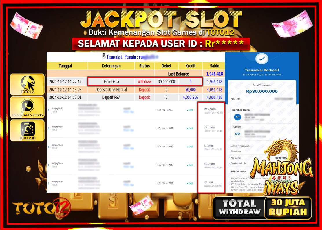 HANYA DI TOTO12 JP PASTI DI BAYAR LUNAS DAN CEPAT!!!!!! JACKPOT SLOT GAME ( MAHJONG WAYS ) Rp.30.000.000 !!!!