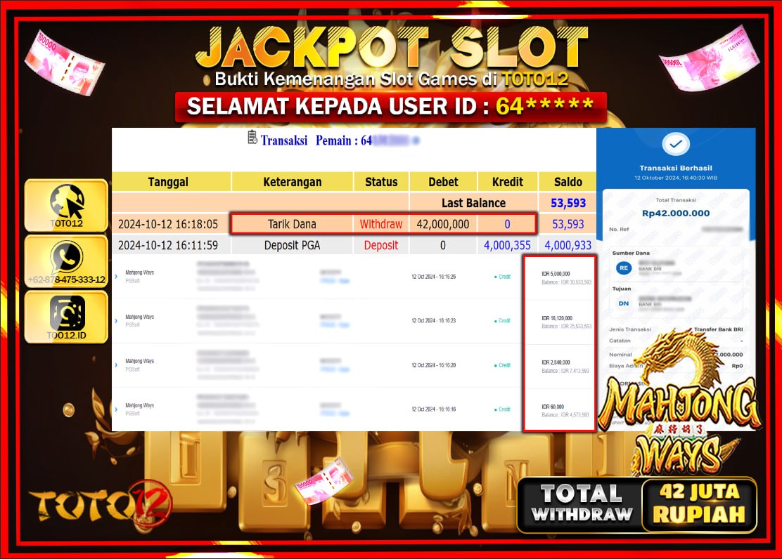HANYA DI TOTO12 JP PASTI DI BAYAR LUNAS DAN CEPAT!!!!!! JACKPOT SLOT GAME ( MAHJONG WAYS ) Rp.42.000.000 !!!!