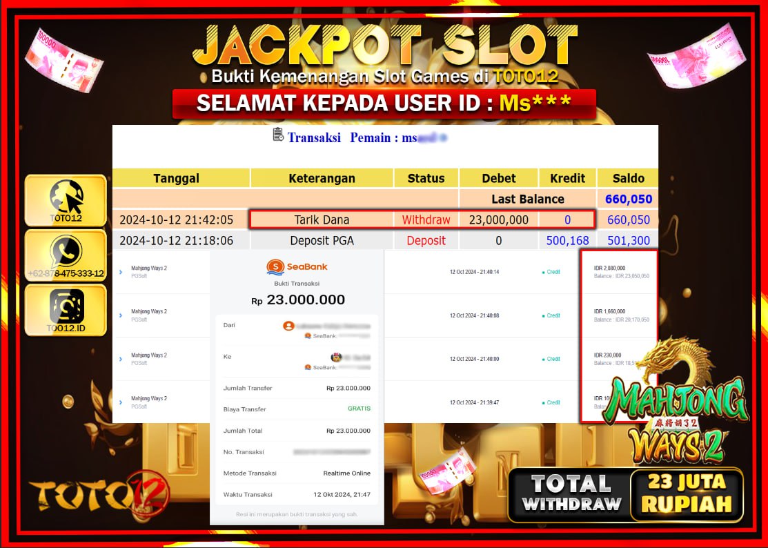 HANYA DI TOTO12 JP PASTI DI BAYAR LUNAS DAN CEPAT!!!!!! JACKPOT SLOT GAME ( MAHJONG WAYS ) Rp.23.000.000 !!!!