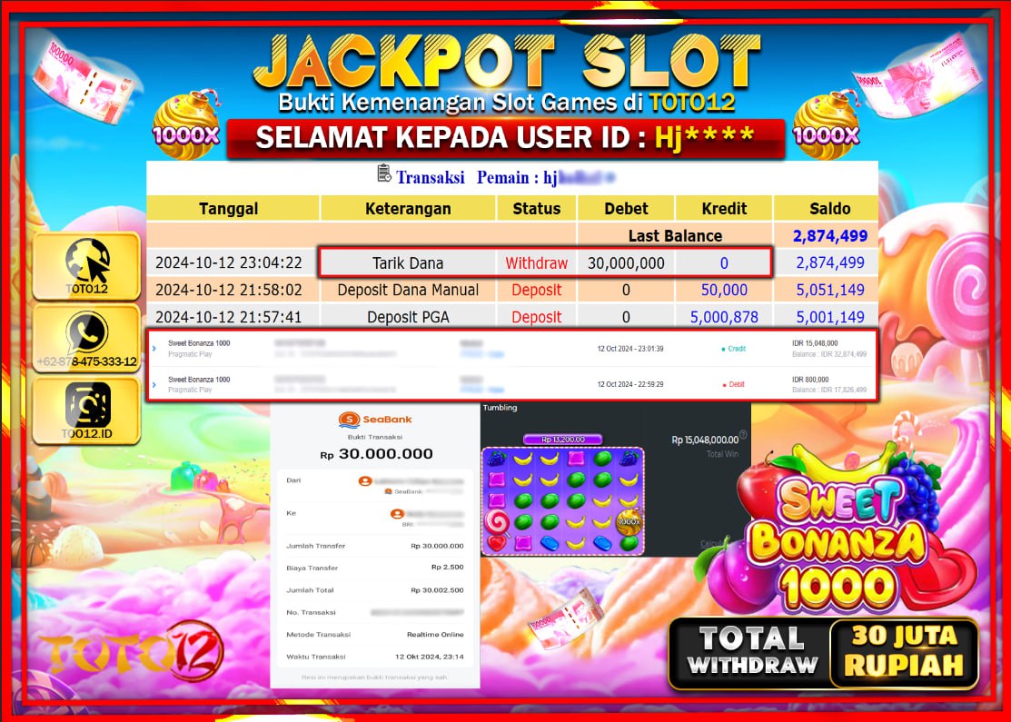 HANYA DI TOTO12 JP PASTI DI BAYAR LUNAS DAN CEPAT!!!!!! JACKPOT SLOT GAME ( SWEET BONANZA 1000 ) Rp.30.000.000 !!!!