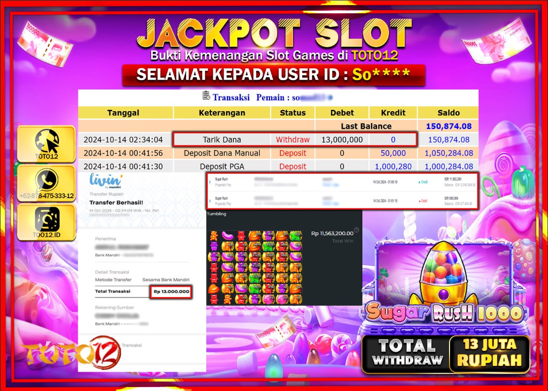 HANYA DI TOTO12 JP PASTI DI BAYAR LUNAS DAN CEPAT!!!!!! JACKPOT SLOT GAME ( SUGAR RUSH 1000 ) Rp.13.000.000 !!!!
