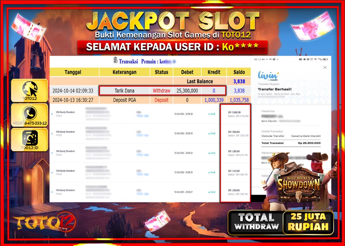 HANYA DI TOTO12 JP PASTI DI BAYAR LUNAS DAN CEPAT!!!!!! JACKPOT SLOT GAME ( WILD BOUNTY SHOWDOWN ) Rp.25.000.000 !!!!