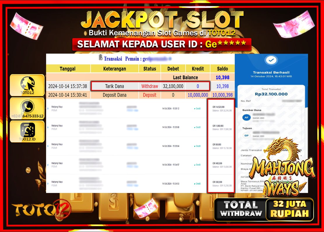 HANYA DI TOTO12 JP PASTI DI BAYAR LUNAS DAN CEPAT!!!!!! JACKPOT SLOT GAME ( MAHJONG WAYS ) Rp.32.000.000 !!!!