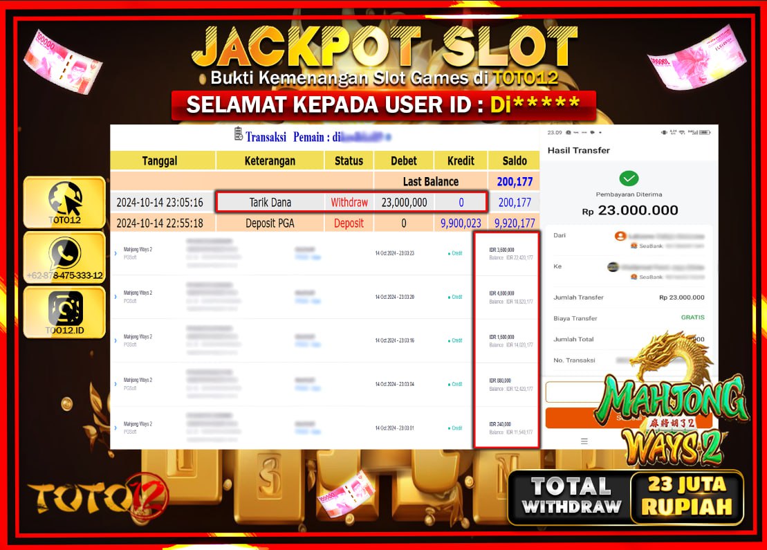 HANYA DI TOTO12 JP PASTI DI BAYAR LUNAS DAN CEPAT!!!!!! JACKPOT SLOT GAME ( MAHJONG WAYS 2 ) Rp.23.000.000 !!!!