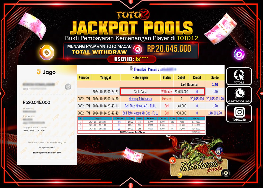 HANYA DI TOTO12 JP PASTI DI BAYAR LUNAS DAN CEPAT!!!!!! JACKPOT POOLS MENANG PASARAN ( TOTOMACAU4D ) Rp.20.045.000 !!!!