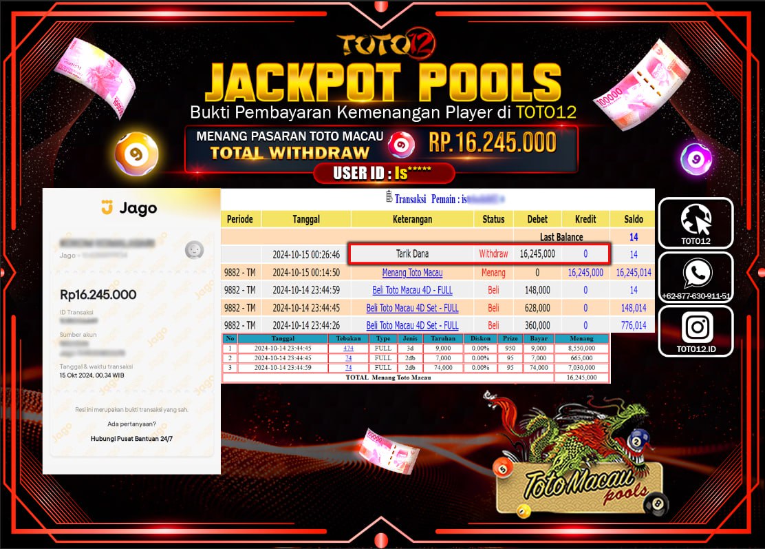 HANYA DI TOTO12 JP PASTI DI BAYAR LUNAS DAN CEPAT!!!!!! JACKPOT POOLS MENANG PASARAN ( TOTOMACAU4D ) Rp.16.245.000 !!!!