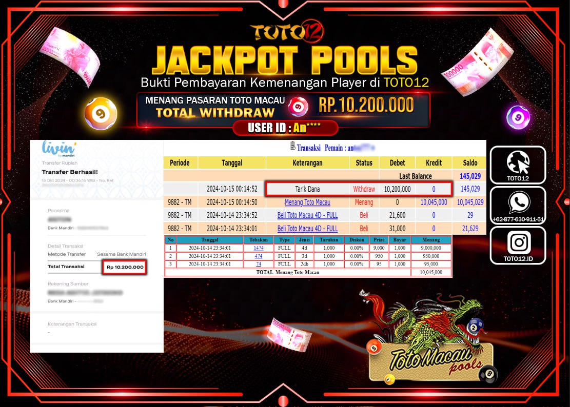HANYA DI TOTO12 JP PASTI DI BAYAR LUNAS DAN CEPAT!!!!!! JACKPOT POOLS MENANG PASARAN ( TOTOMACAU4D ) Rp.10.200.000 !!!!
