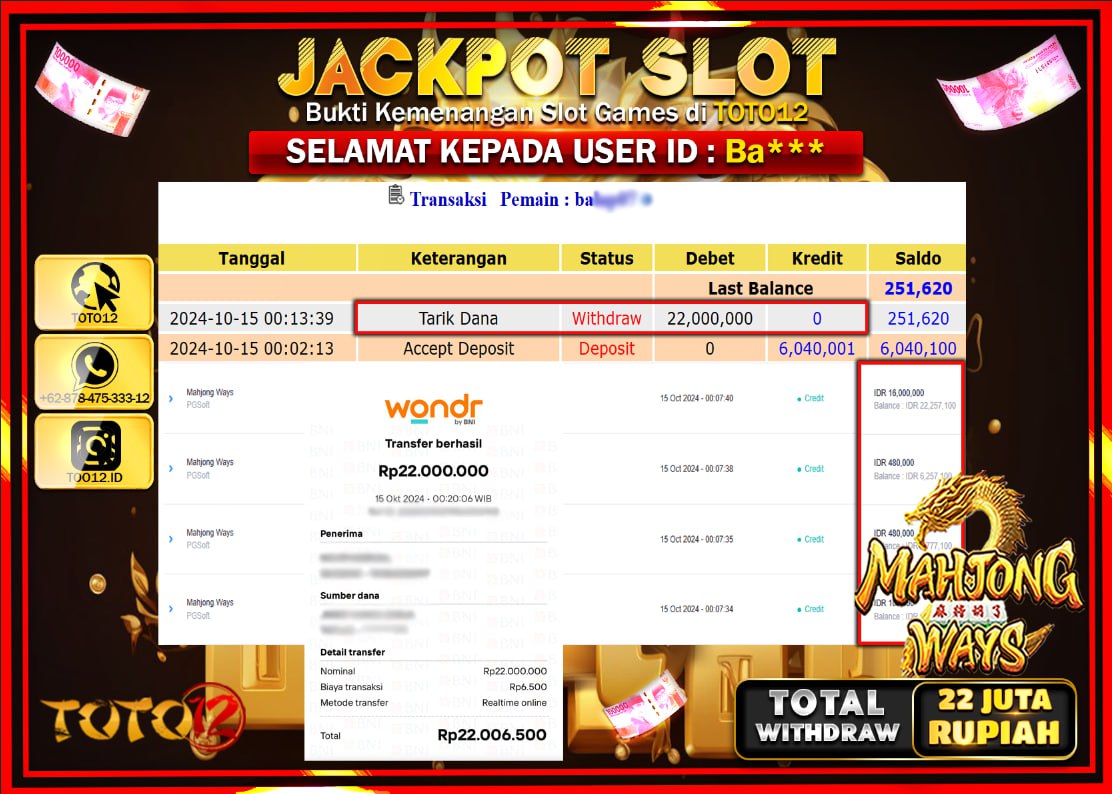 HANYA DI TOTO12 JP PASTI DI BAYAR LUNAS DAN CEPAT!!!!!! JACKPOT SLOT GAME ( MAHJONG WAYS ) Rp.22.000.000 !!!!