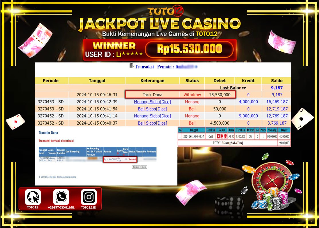 HANYA DI TOTO12 JP PASTI DI BAYAR LUNAS DAN CEPAT!!!!!! JACKPOT LIVE CASINO GAME ( SICBO ) Rp.15.530.000 !!!!