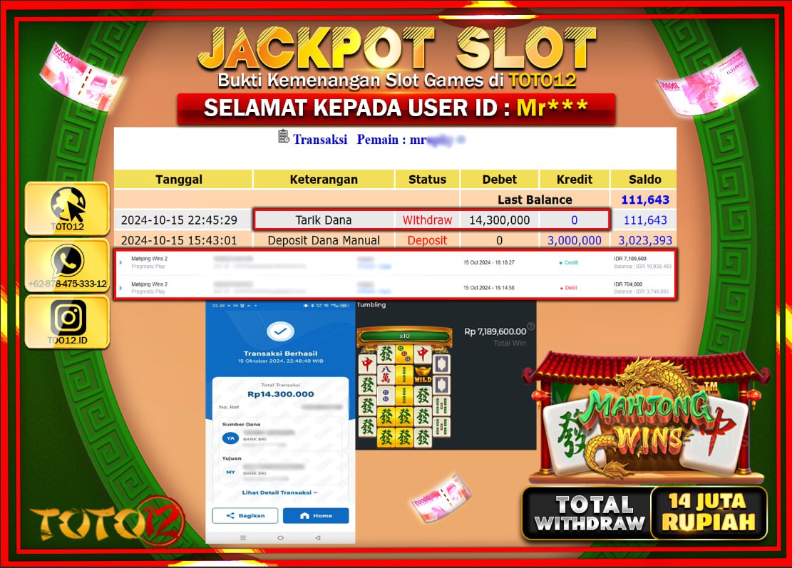 HANYA DI TOTO12 JP PASTI DI BAYAR LUNAS DAN CEPAT!!!!!! JACKPOT SLOT GAME ( MAHJONG WINS ) Rp.14.000.000 !!!!
