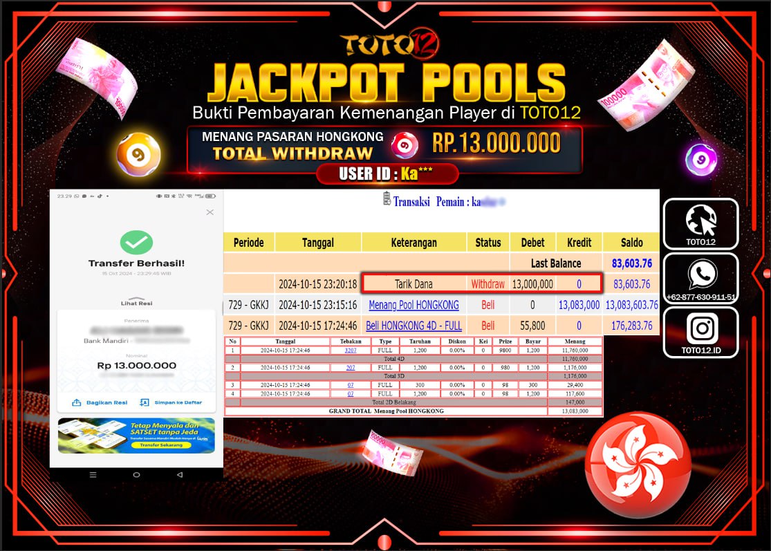 HANYA DI TOTO12 JP PASTI DI BAYAR LUNAS DAN CEPAT!!!!!! JACKPOT POOLS MENANG PASARAN ( HONGKONG ) Rp.13.000.000 !!!!
