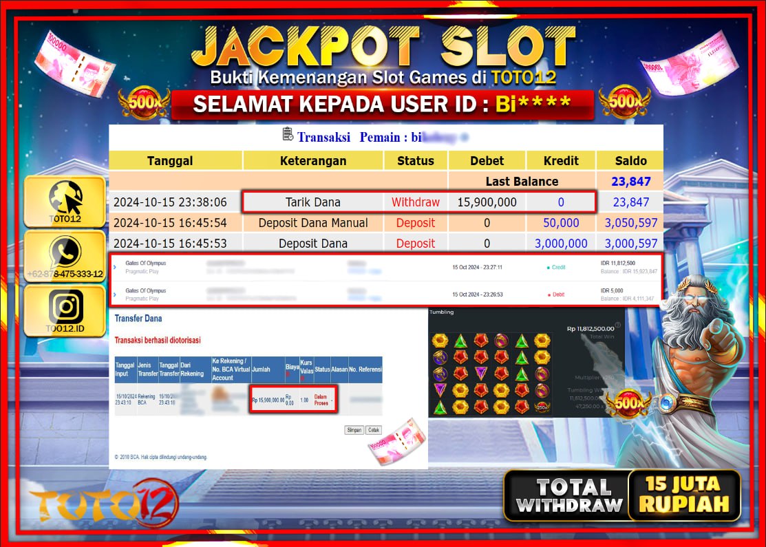 HANYA DI TOTO12 JP PASTI DI BAYAR LUNAS DAN CEPAT!!!!!! JACKPOT SLOT GAME ( GATES OF OLYMPUS ) Rp.15.900.000 !!!!