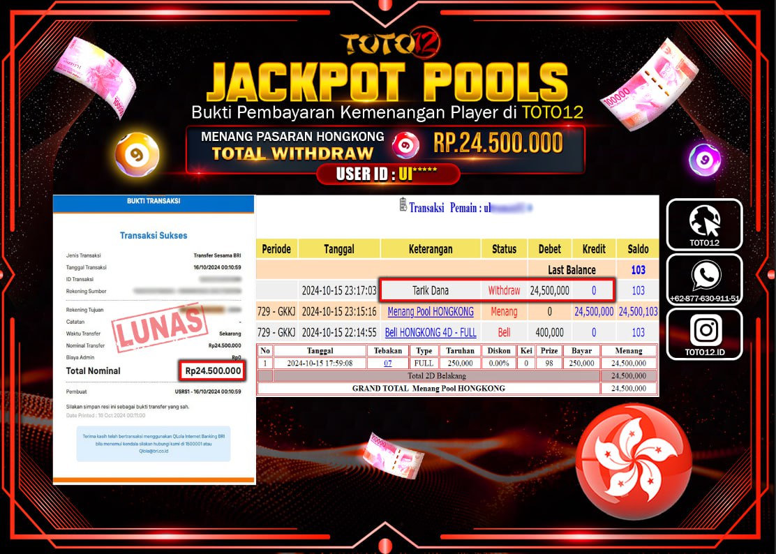 HANYA DI TOTO12 JP PASTI DI BAYAR LUNAS DAN CEPAT!!!!!! JACKPOT POOLS MENANG PASARAN ( HONGKONG ) Rp.24.500.000 !!!!