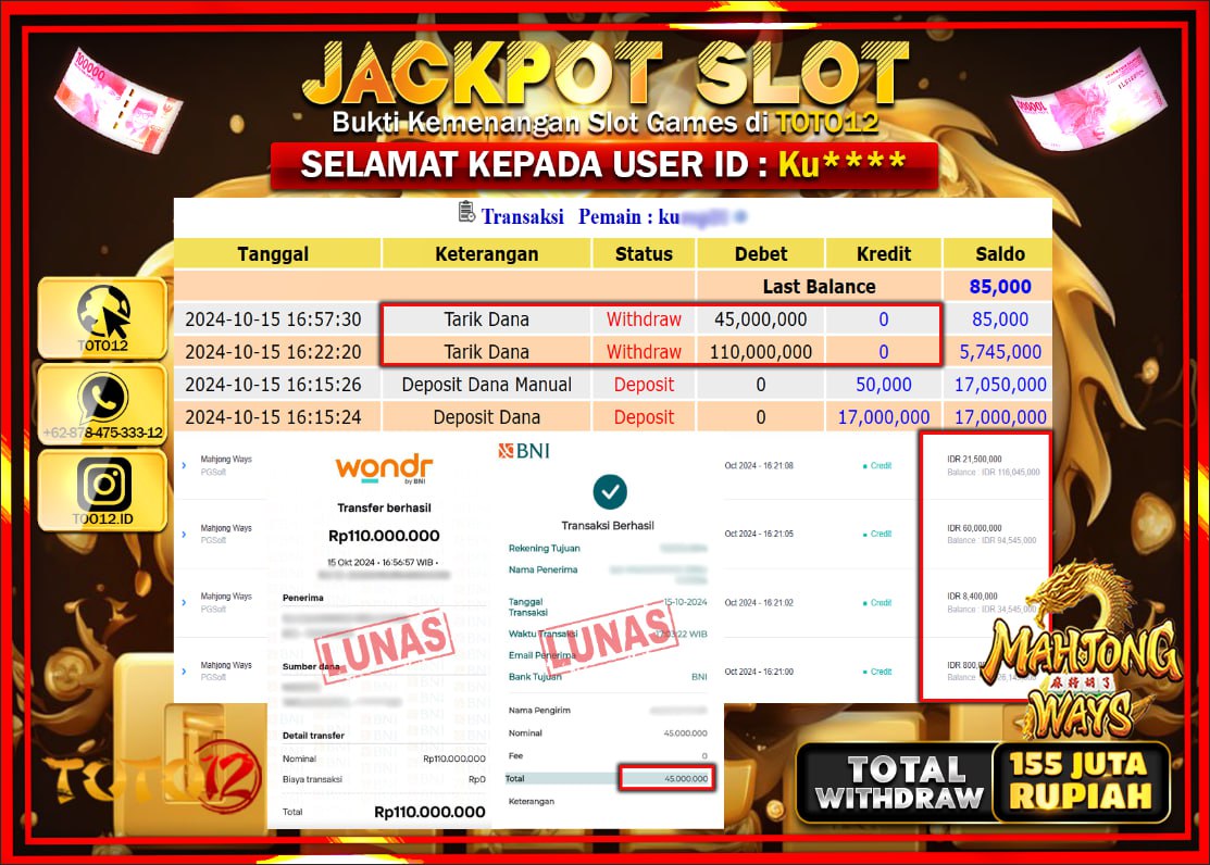 HANYA DI TOTO12 JP PASTI DI BAYAR LUNAS DAN CEPAT!!!!!! JACKPOT SLOT GAME ( MAHJONG WAYS ) Rp.155.000.000 !!!!