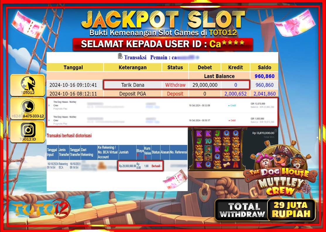 HANYA DI TOTO12 JP PASTI DI BAYAR LUNAS DAN CEPAT!!!!!! JACKPOT SLOT GAME ( THE DOG HOUSE MUTTLEY CREW  ) Rp.29.000.000 !!!!