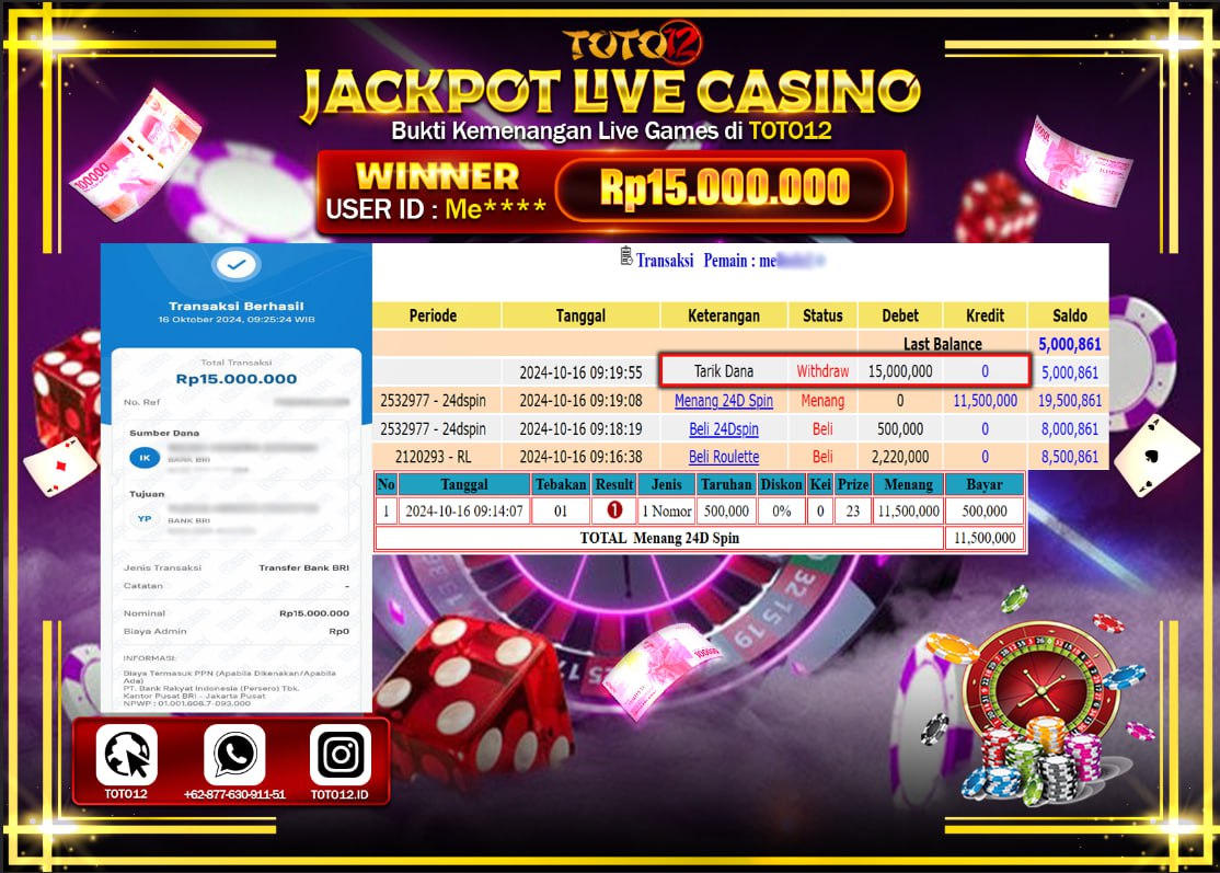 HANYA DI TOTO12 JP PASTI DI BAYAR LUNAS DAN CEPAT!!!!!! JACKPOT LIVE CASINO GAME ( 24D SPIN) Rp.15.000.000 !!!!