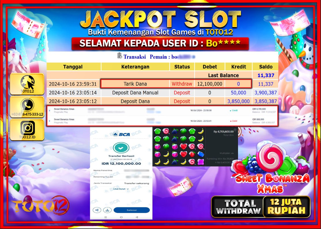 HANYA DI TOTO12 JP PASTI DI BAYAR LUNAS DAN CEPAT!!!!!! JACKPOT SLOT GAME ( SWEET BONANZA XMAS ) Rp.12.000.000 !!!!