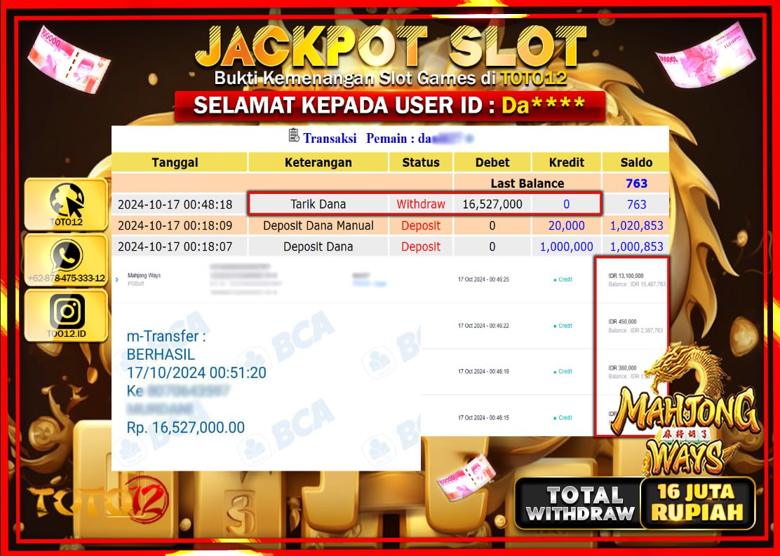 HANYA DI TOTO12 JP PASTI DI BAYAR LUNAS DAN CEPAT!!!!!! JACKPOT SLOT GAME ( MAHJONG WAYS ) Rp.16.000.000 !!!!