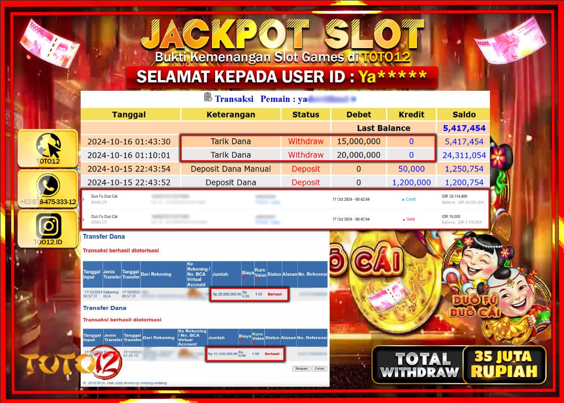 HANYA DI TOTO12 JP PASTI DI BAYAR LUNAS DAN CEPAT!!!!!! JACKPOT SLOT GAME ( DUO FU DUO CAI ) Rp.35.000.000 !!!!