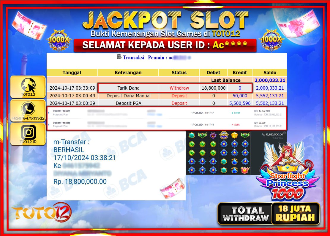 HANYA DI TOTO12 JP PASTI DI BAYAR LUNAS DAN CEPAT!!!!!! JACKPOT SLOT GAME ( STARLIGHT PRINCESS 1000 ) Rp.18.800.000 !!!!