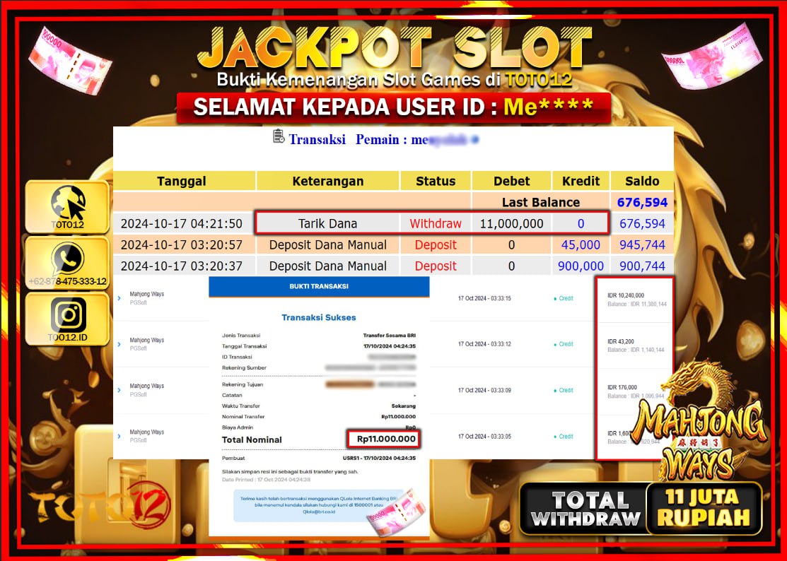 HANYA DI TOTO12 JP PASTI DI BAYAR LUNAS DAN CEPAT!!!!!! JACKPOT SLOT GAME ( MAHJONG WAYS ) Rp.11.000.000 !!!!