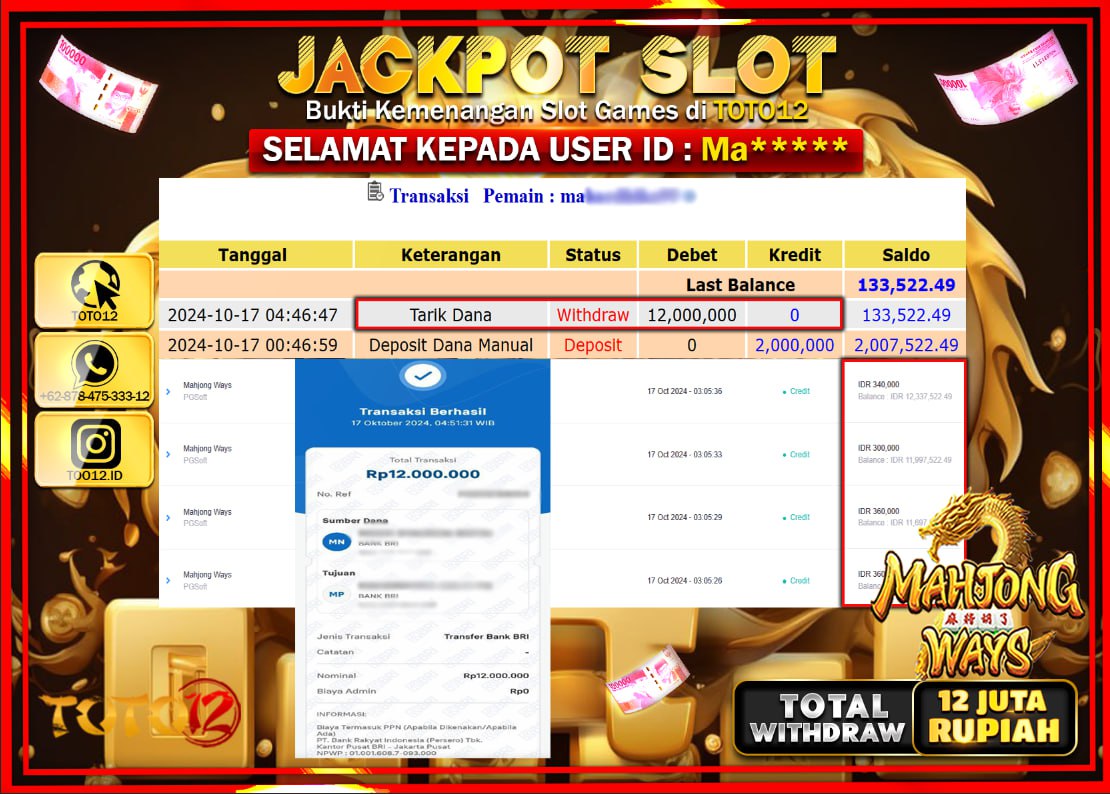 HANYA DI TOTO12 JP PASTI DI BAYAR LUNAS DAN CEPAT!!!!!! JACKPOT SLOT GAME ( MAHJONG WAYS ) Rp.12.000.000 !!!!