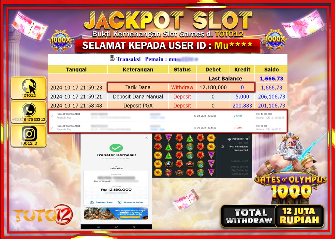 HANYA DI TOTO12 JP PASTI DI BAYAR LUNAS DAN CEPAT!!!!!! JACKPOT SLOT GAME ( GATES OF OLYMPUS 1000 ) Rp.12.000.000 !!!!