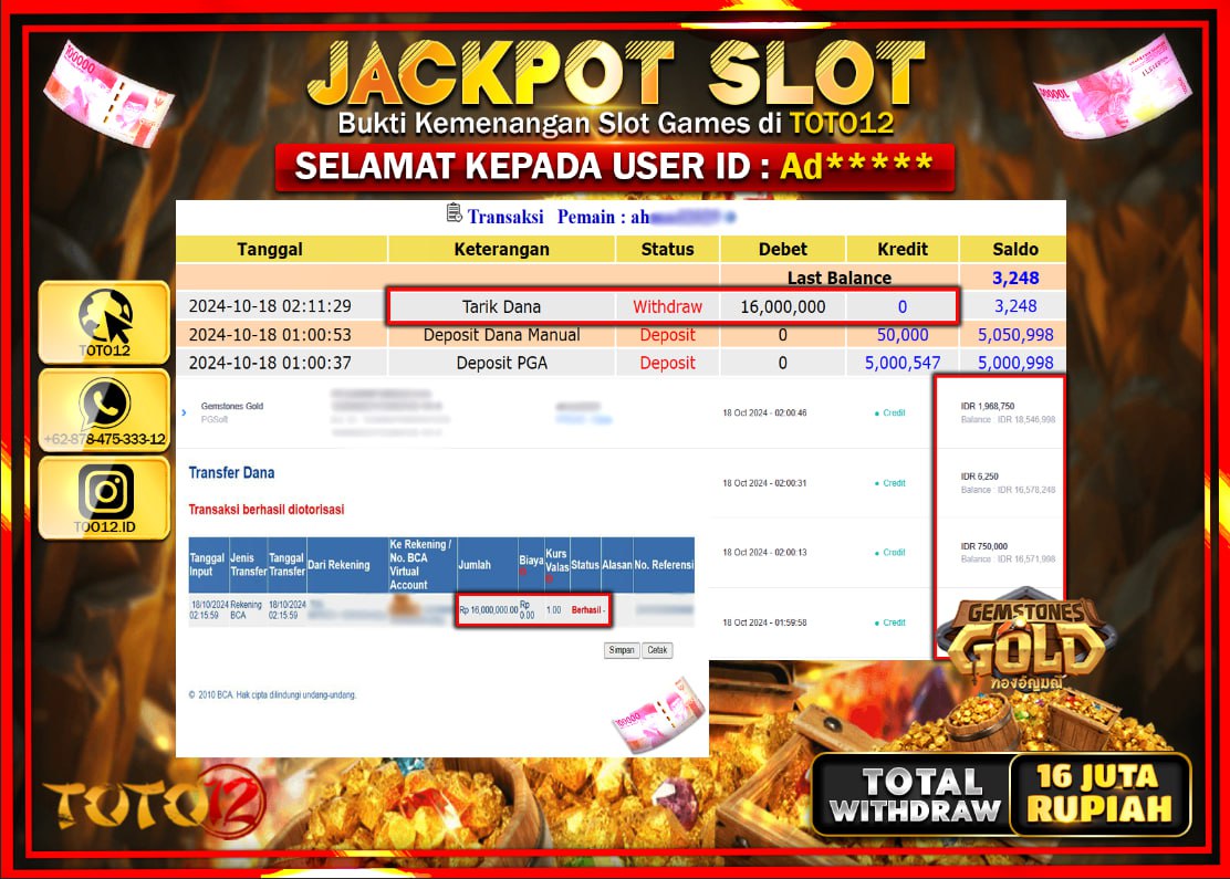 HANYA DI TOTO12 JP PASTI DI BAYAR LUNAS DAN CEPAT!!!!!! JACKPOT SLOT GAME ( GEMSTONE GOLD ) Rp.16.000.000 !!!!