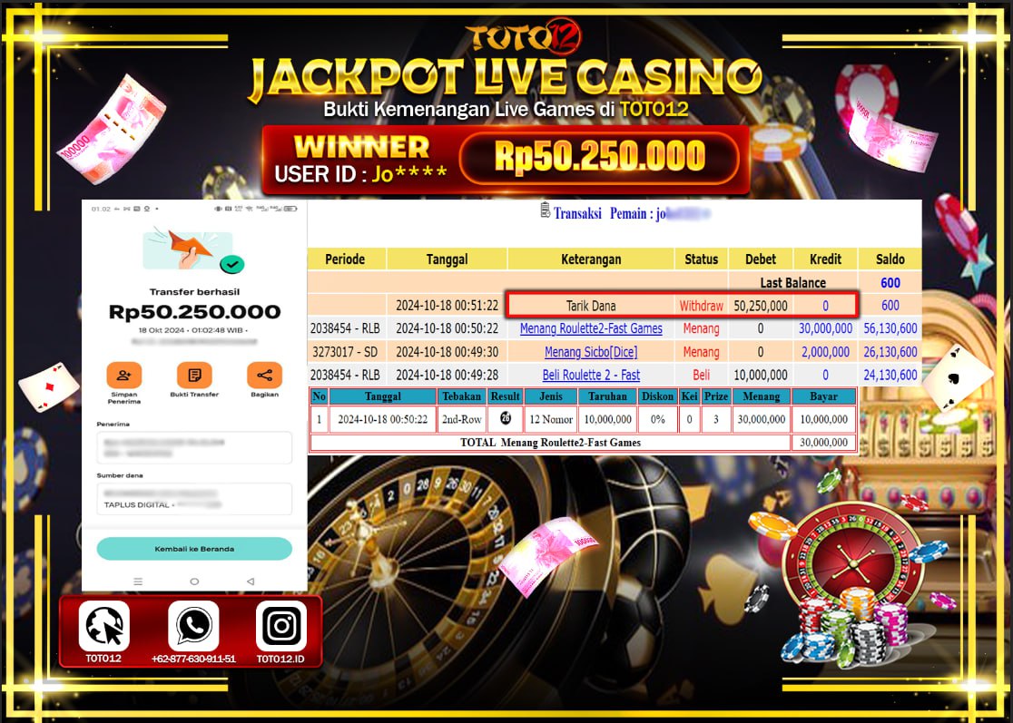 HANYA DI TOTO12 JP PASTI DI BAYAR LUNAS DAN CEPAT!!!!!! JACKPOT LIVE CASINO GAME ( ROULETTE2-FAST ) Rp.50.250.000 !!!!