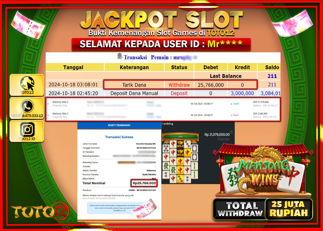 HANYA DI TOTO12 JP PASTI DI BAYAR LUNAS DAN CEPAT!!!!!! JACKPOT SLOT GAME ( MAHJONG WINS ) Rp.25.000.000 !!!!