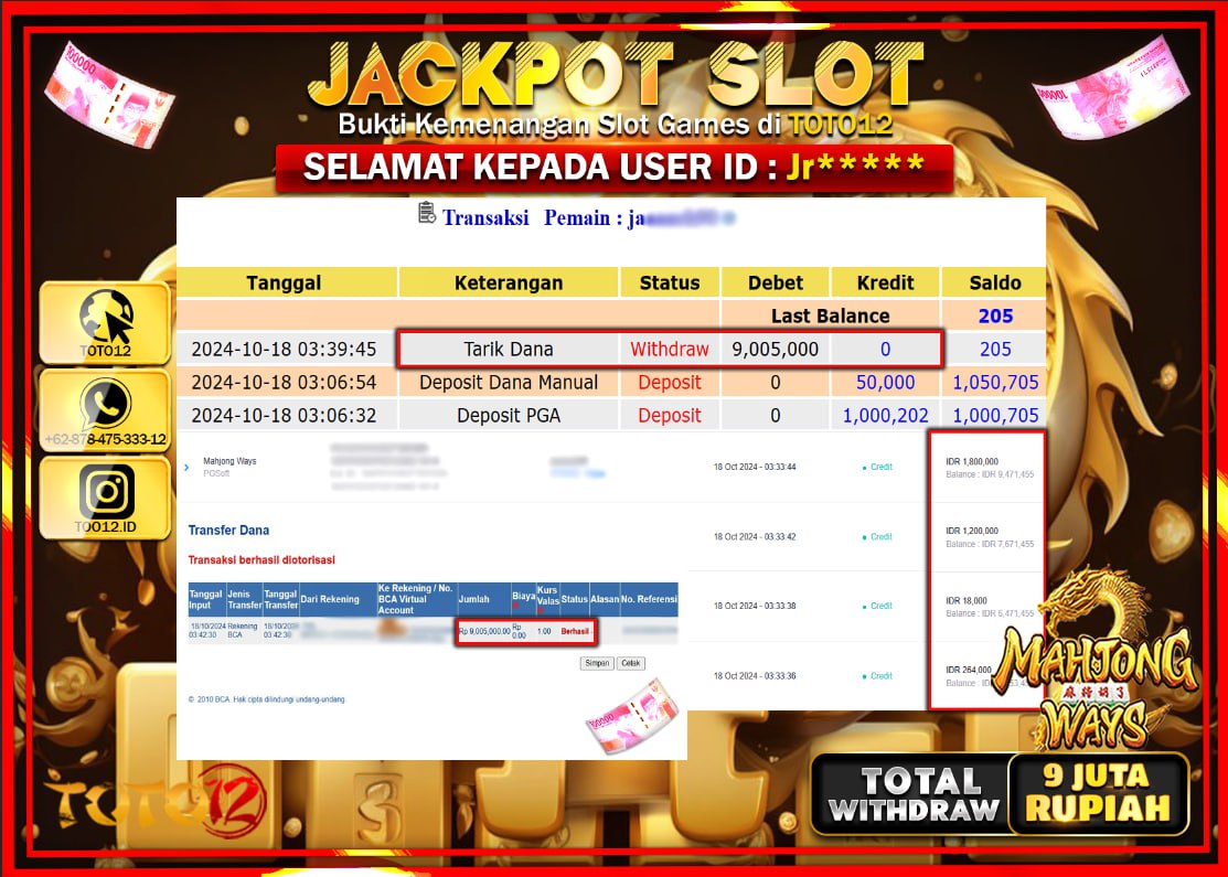 HANYA DI TOTO12 JP PASTI DI BAYAR LUNAS DAN CEPAT!!!!!! JACKPOT SLOT GAME ( MAHJONG WAYS ) Rp.9.000.000 !!!!