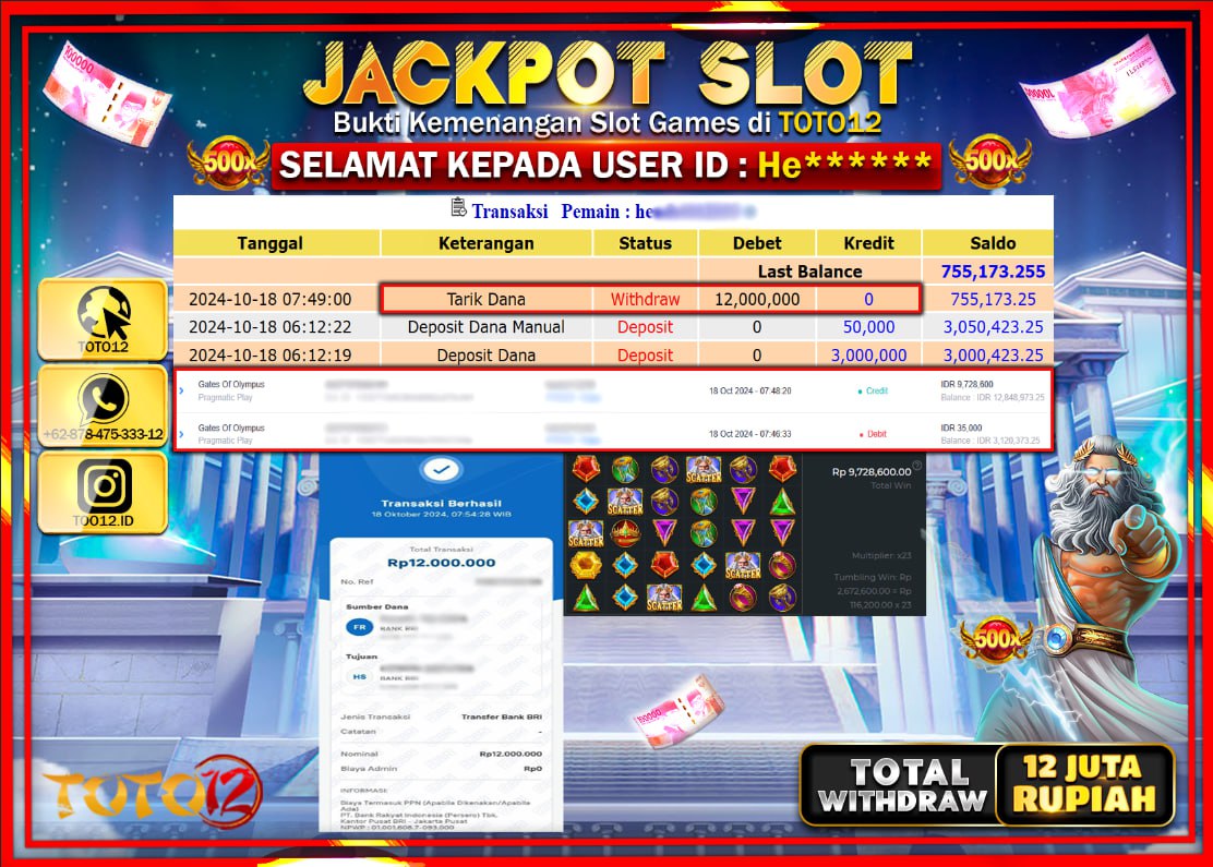 HANYA DI TOTO12 JP PASTI DI BAYAR LUNAS DAN CEPAT!!!!!! JACKPOT SLOT GAME ( GATES OF OLYMPUS ) Rp.12.000.000 !!!!