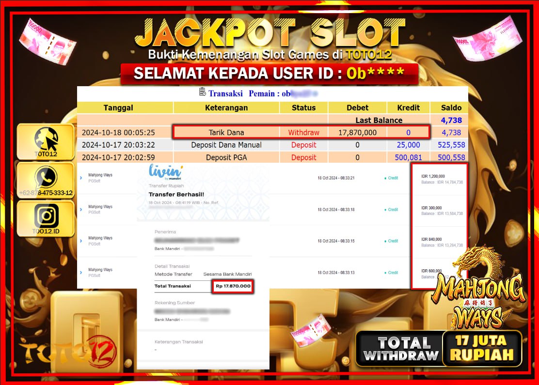 HANYA DI TOTO12 JP PASTI DI BAYAR LUNAS DAN CEPAT!!!!!! JACKPOT SLOT GAME ( MAHJONG WAYS ) Rp.17.000.000 !!!!