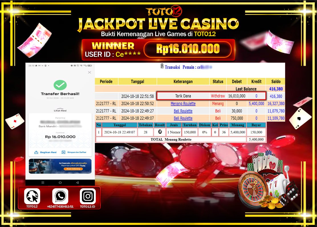HANYA DI TOTO12 JP PASTI DI BAYAR LUNAS DAN CEPAT!!!!!! JACKPOT LIVE CASINO GAME ( ROULETTE) Rp.16.010.000 !!!!