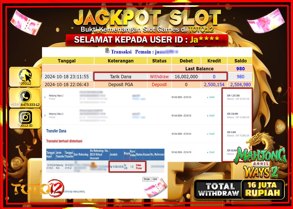 HANYA DI TOTO12 JP PASTI DI BAYAR LUNAS DAN CEPAT!!!!!! JACKPOT SLOT GAME ( MAHJONG WAYS 2 ) Rp.16.000.000 !!!!