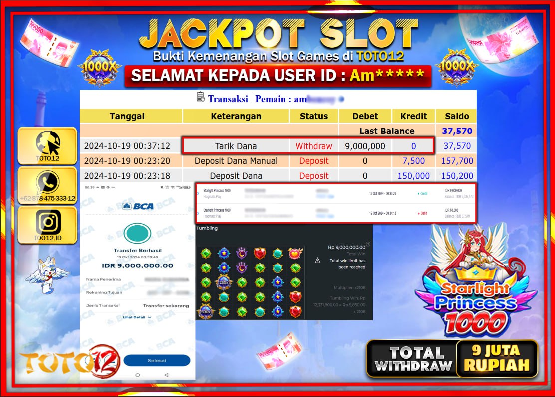 HANYA DI TOTO12 JP PASTI DI BAYAR LUNAS DAN CEPAT!!!!!! JACKPOT SLOT GAME ( STARLIGHT PRINCESS 1000 ) Rp.9.000.000 !!!!
