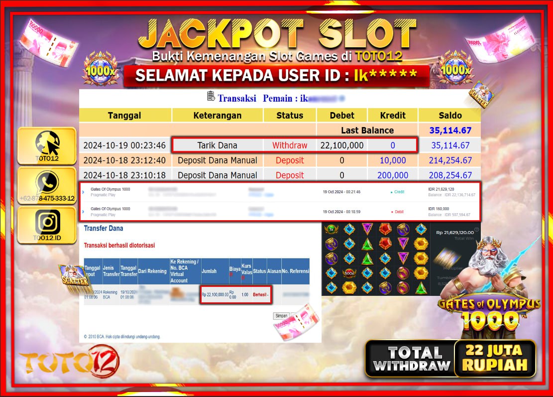 HANYA DI TOTO12 JP PASTI DI BAYAR LUNAS DAN CEPAT!!!!!! JACKPOT SLOT GAME ( GATES OF OLYMPUS 1000 ) Rp.22.000.000 !!!!