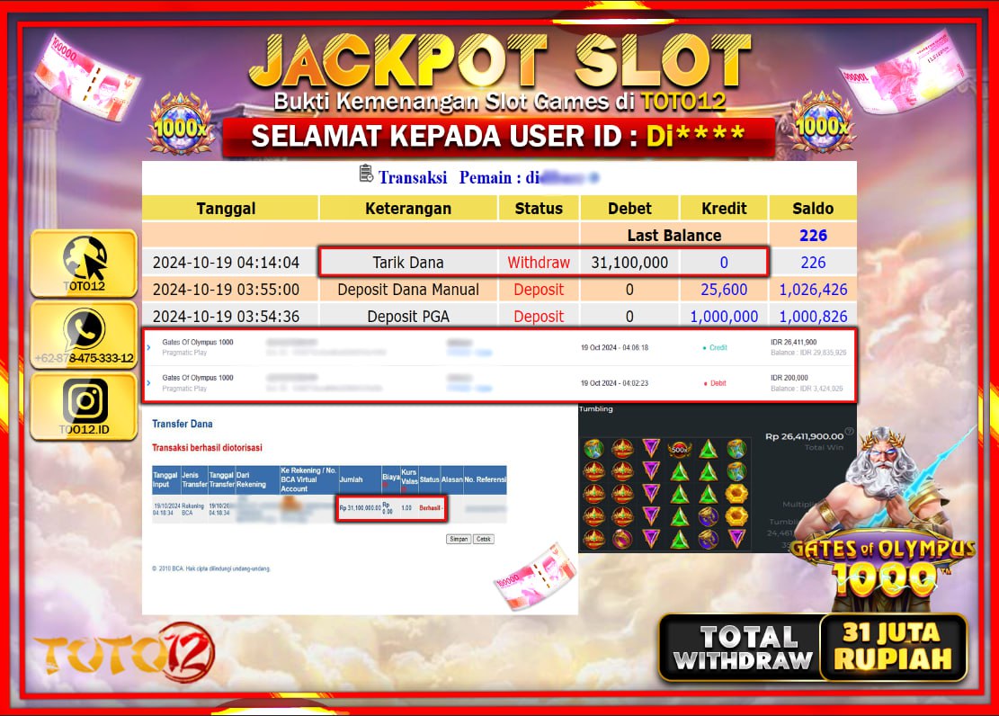 HANYA DI TOTO12 JP PASTI DI BAYAR LUNAS DAN CEPAT!!!!!! JACKPOT SLOT GAME ( GATES OF OLYMPUS 1000 ) Rp.31.000.000 !!!!