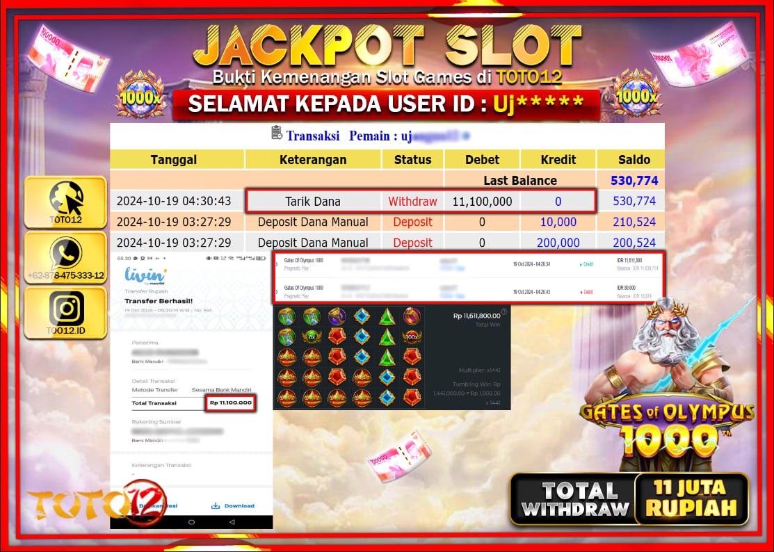 HANYA DI TOTO12 JP PASTI DI BAYAR LUNAS DAN CEPAT!!!!!! JACKPOT SLOT GAME ( GATES OF OLYMPUS 1000 ) Rp.11.000.000 !!!!