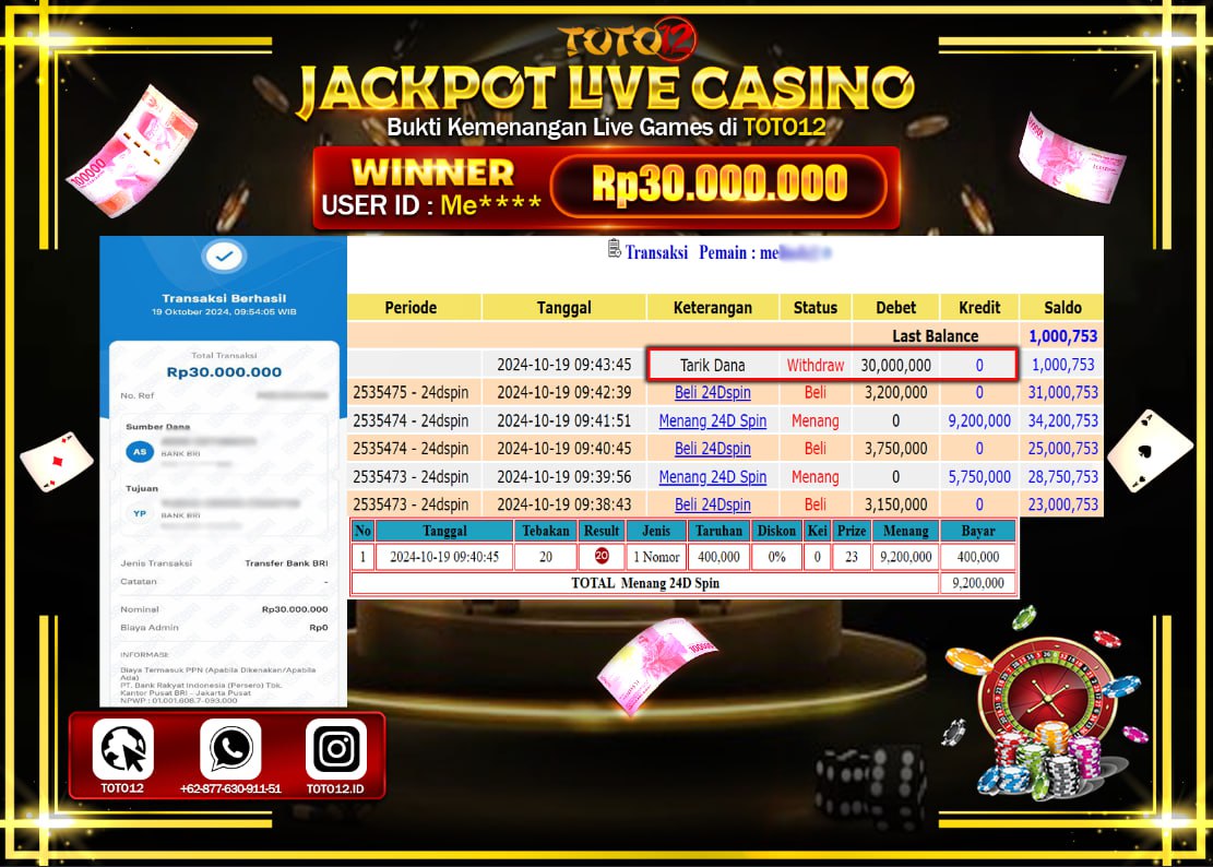 HANYA DI TOTO12 JP PASTI DI BAYAR LUNAS DAN CEPAT!!!!!! JACKPOT LIVE CASINO GAME ( 24DSPIN ) Rp.30.000.000 !!!!