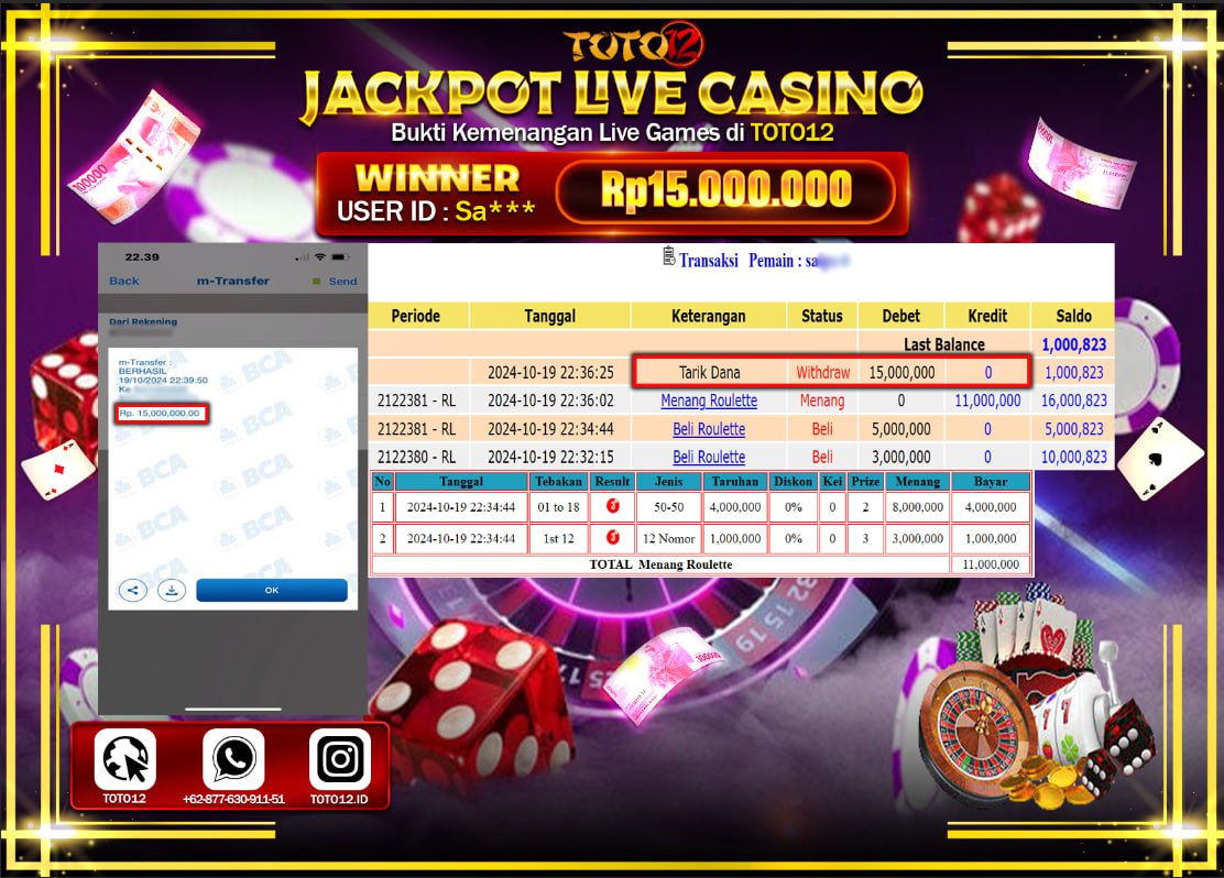 HANYA DI TOTO12 JP PASTI DI BAYAR LUNAS DAN CEPAT!!!!!! JACKPOT LIVE CASINO GAME ( ROULETTE ) Rp.15.000.000 !!!!