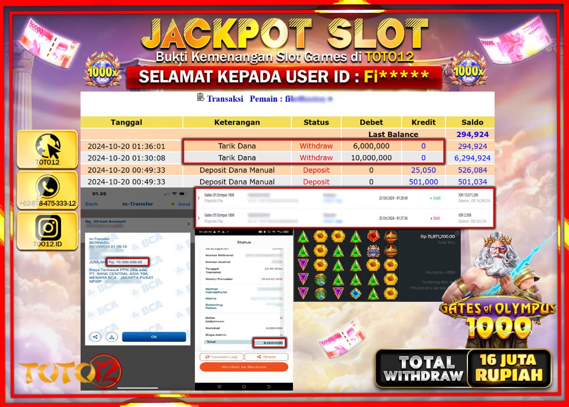 HANYA DI TOTO12 JP PASTI DI BAYAR LUNAS DAN CEPAT!!!!!! JACKPOT SLOT GAME ( GATES OF OLYMPUS 1000 ) Rp.16.000.000 !!!!