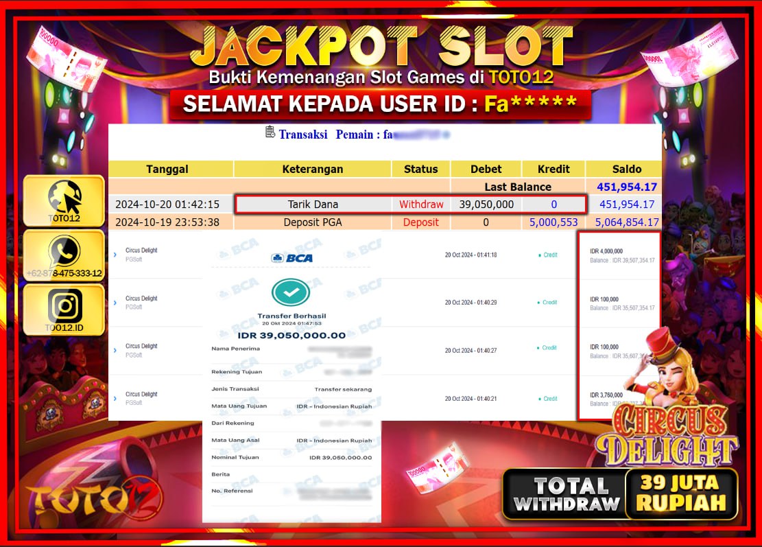 HANYA DI TOTO12 JP PASTI DI BAYAR LUNAS DAN CEPAT!!!!!! JACKPOT SLOT GAME ( CIRCUS DELIGHT ) Rp.39.000.000 !!!!