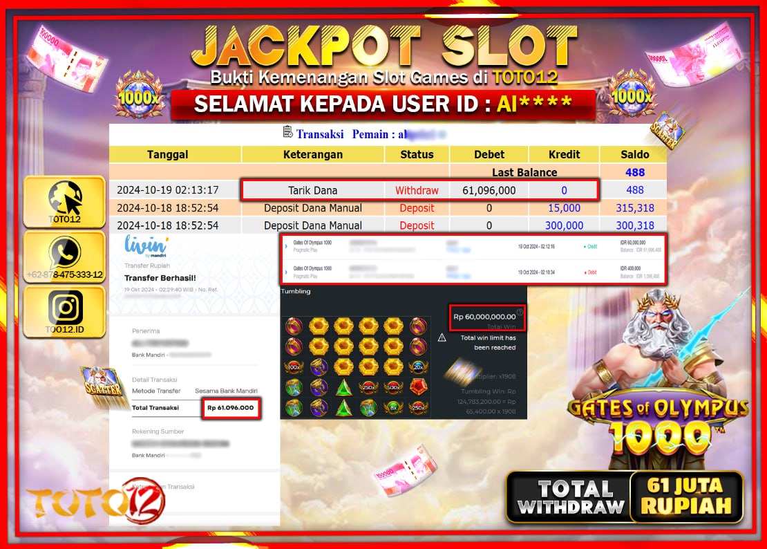 HANYA DI TOTO12 JP PASTI DI BAYAR LUNAS DAN CEPAT!!!!!! JACKPOT SLOT GAME ( GATES OF OLYMPUS 1000 ) Rp.61.000.000 !!!!