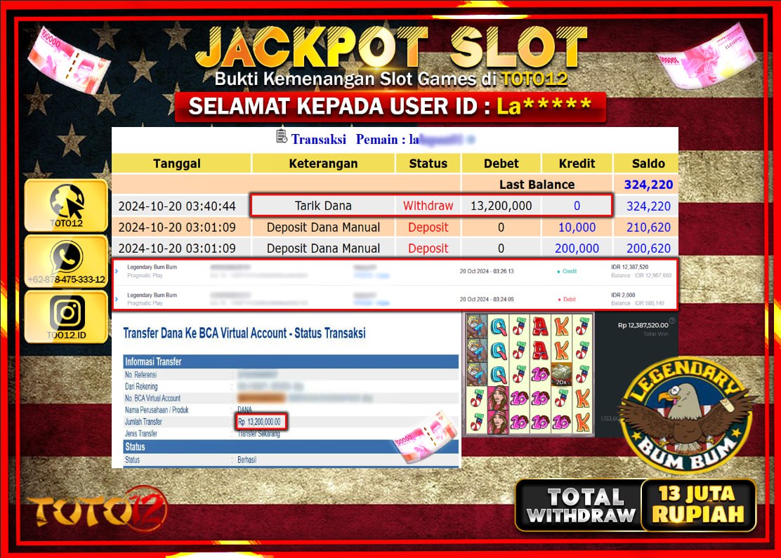 HANYA DI TOTO12 JP PASTI DI BAYAR LUNAS DAN CEPAT!!!!!! JACKPOT SLOT GAME ( LEGENDARY BUM BUM ) Rp.13.000.000 !!!!
