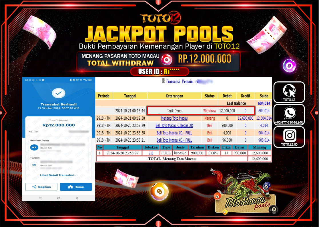 HANYA DI TOTO12 JP PASTI DI BAYAR LUNAS DAN CEPAT!!!!!! JACKPOT POOLS MENANG PASARAN ( TOTOMACAU4D ) Rp.12.000.000 !!!!
