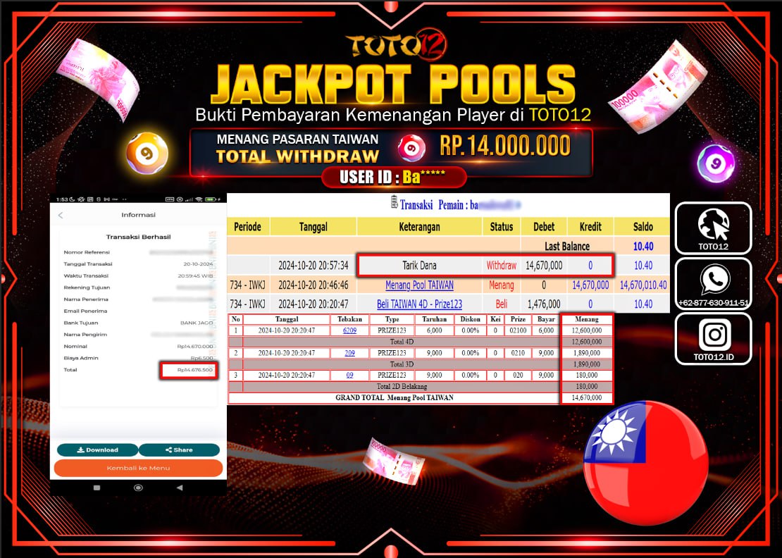HANYA DI TOTO12 JP PASTI DI BAYAR LUNAS DAN CEPAT!!!!!! JACKPOT POOLS MENANG PASARAN ( TAIWAN ) Rp.14.000.000 !!!!