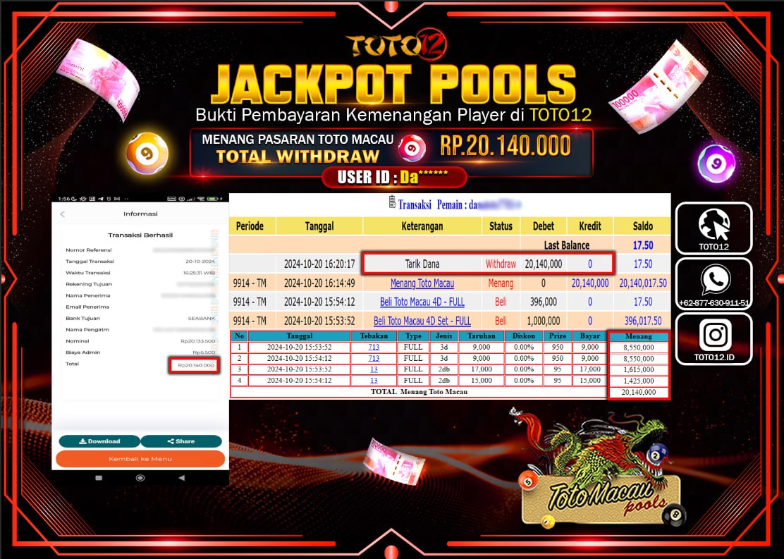 HANYA DI TOTO12 JP PASTI DI BAYAR LUNAS DAN CEPAT!!!!!! JACKPOT POOLS MENANG PASARAN ( TOTOMACAU4D ) Rp.20.140.000 !!!!